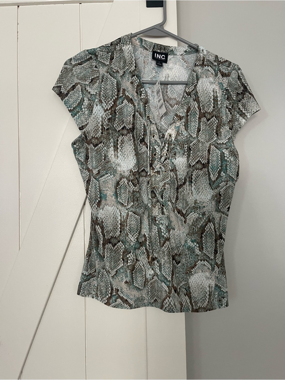 INC International Concepts Teal and Brown Snake-Print Lace-Up Cap Sleeve Top